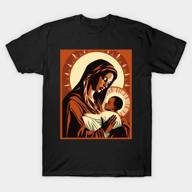 African American Art Virgin Mary Holding Baby Jesus Christ Child T-Shirt by AI Art Originals